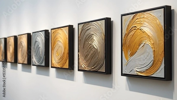 Fototapeta Modern abstract gold and gray swirl paintings displayed in gallery