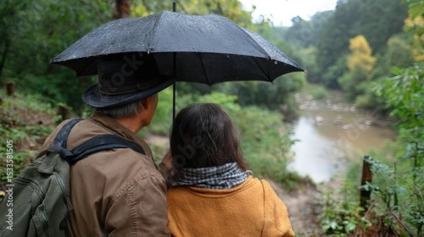 Obraz Couple under umbrella looking at river