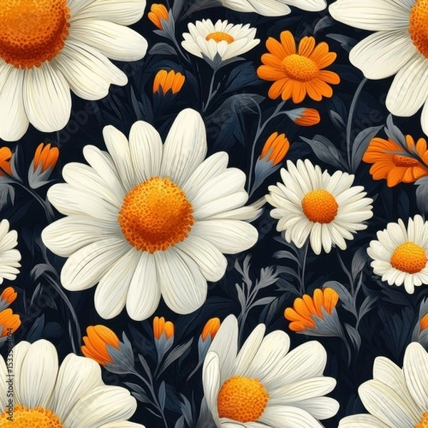 Fototapeta A seamless pattern with magical camomiles, mesmerizing and vibrant. Art Deco meets modern luxury in this minimalist design 