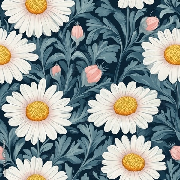 Fototapeta A seamless pattern with magical camomiles, mesmerizing and vibrant. Art Deco meets modern luxury in this minimalist design, pastel colors 