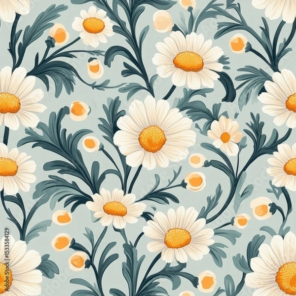 Fototapeta A seamless pattern with magical camomiles, mesmerizing and vibrant. Art Deco meets modern luxury in this minimalist design, pastel colors 