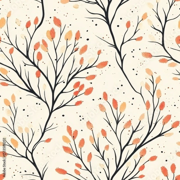 Fototapeta A seamless pattern with magical cedar branches, mesmerizing and vibrant. Art Deco meets modern luxury in this minimalist design, soft colors 