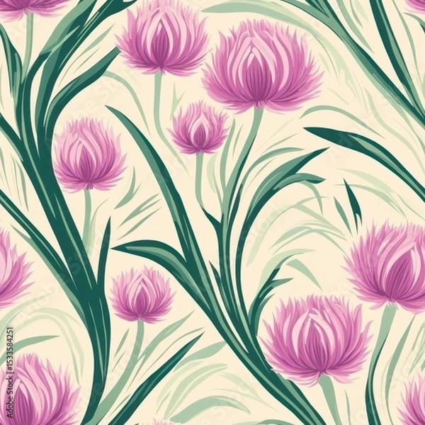 Fototapeta A seamless pattern with magical chives, mesmerizing and vibrant. Art Deco meets modern luxury in this minimalist design, soft colors 