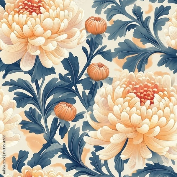 Fototapeta A seamless pattern with magical chrysanthemums, mesmerizing and vibrant. Art Deco meets modern luxury in this minimalist design, soft colors 