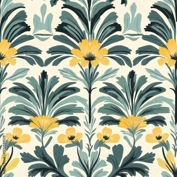 Fototapeta A seamless pattern with magical cilantro, mesmerizing and vibrant. Art Deco meets modern luxury in this minimalist design, soft colors