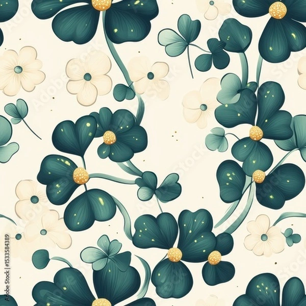 Fototapeta A seamless pattern with magical clovers, mesmerizing and vibrant. Art Deco meets modern luxury in this minimalist design, soft colors