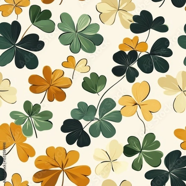Fototapeta A seamless pattern with magical clovers, mesmerizing and vibrant. Art Deco meets modern luxury in this minimalist design, soft colors 