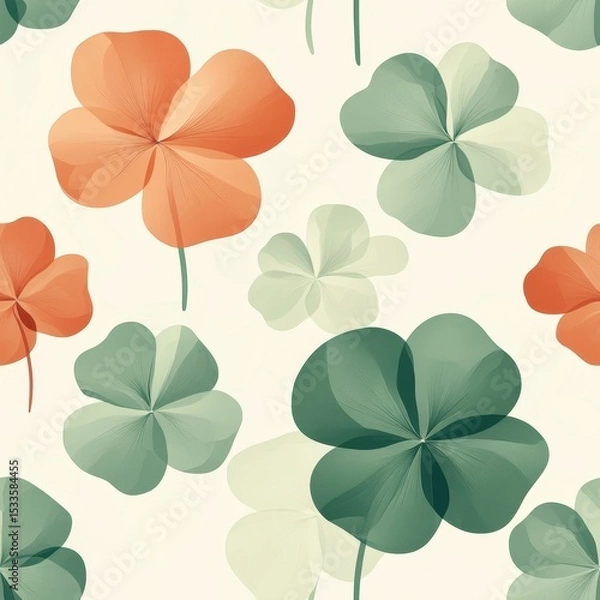 Fototapeta A seamless pattern with magical clovers, mesmerizing and vibrant. Art Deco meets modern luxury in this minimalist design, soft colors