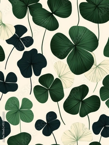 Fototapeta A seamless pattern with magical clovers, mesmerizing and vibrant. Art Deco meets modern luxury in this minimalist design, soft colors 