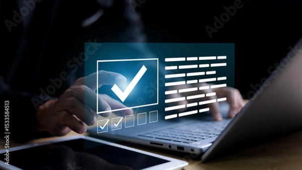 Obraz Businessman validating digital documents using futuristic interface with checkmark icons, quality assurance system, compliance review, and document verification.
