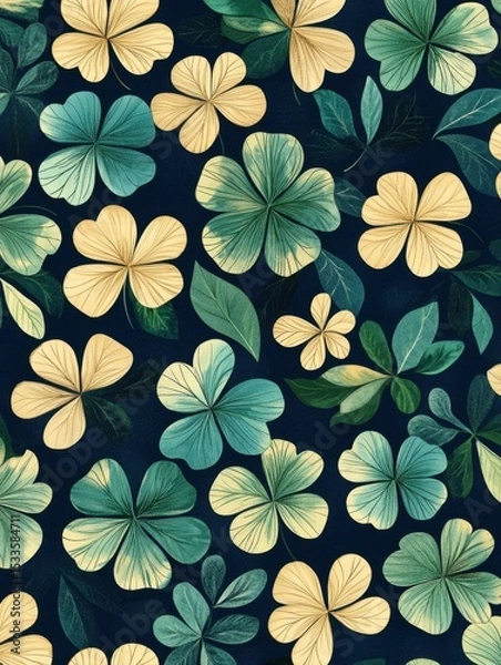 Fototapeta A seamless pattern with magical clovers, mesmerizing and vibrant. Art Deco meets modern luxury in this minimalist design, soft colors 