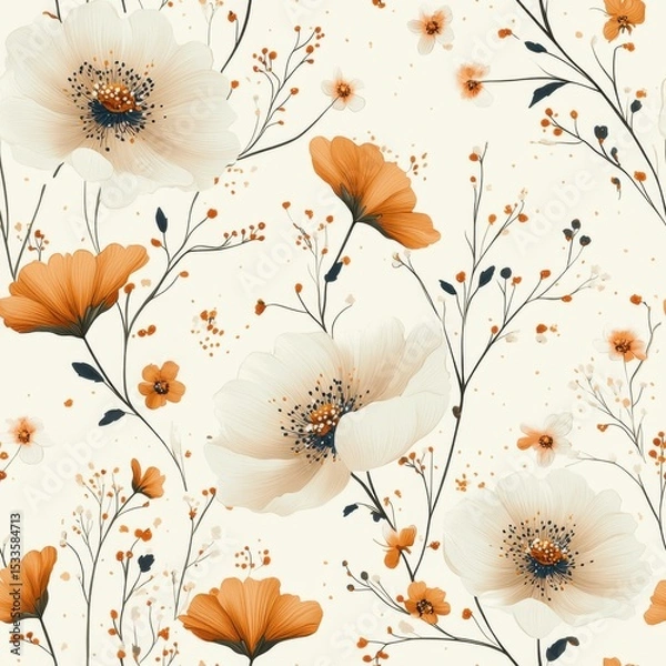 Fototapeta A seamless pattern with magical cosmos flowers, mesmerizing and vibrant. Art Deco meets modern luxury in this minimalist design, soft colors 
