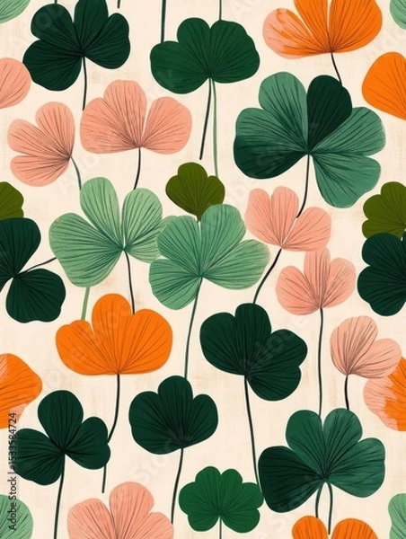 Fototapeta A seamless pattern with magical clovers, mesmerizing and vibrant. Art Deco meets modern luxury in this minimalist design, soft colors 
