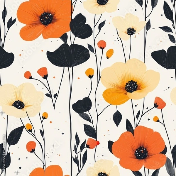 Fototapeta A seamless pattern with magical cosmos flowers, mesmerizing and vibrant. Art Deco meets modern luxury in this minimalist design, soft colors