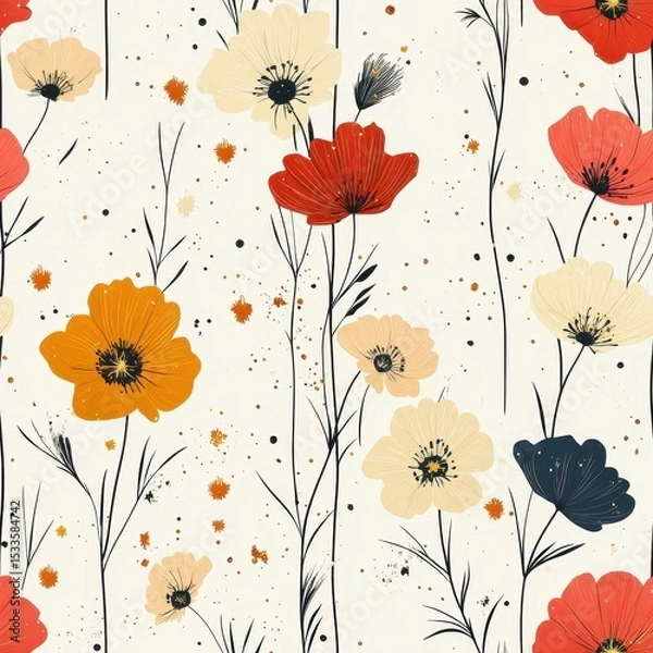 Fototapeta A seamless pattern with magical cosmos flowers, mesmerizing and vibrant. Art Deco meets modern luxury in this minimalist design, soft colors 
