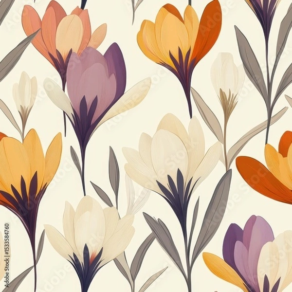Fototapeta A seamless pattern with magical crocuses, mesmerizing and vibrant. Art Deco meets modern luxury in this minimalist design, soft colors 