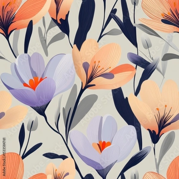 Fototapeta A seamless pattern with magical crocuses, mesmerizing and vibrant. Art Deco meets modern luxury in this minimalist design, soft colors