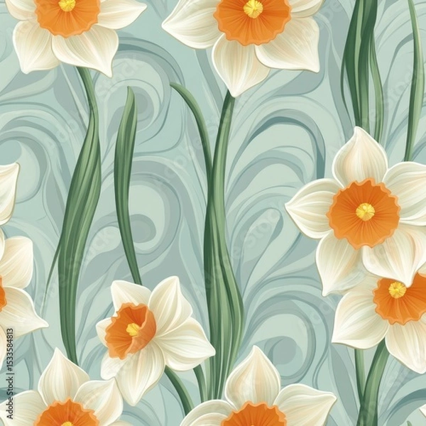 Fototapeta A seamless pattern with magical daffodils, mesmerizing and vibrant. Art Deco meets modern luxury in this minimalist design, soft colors 