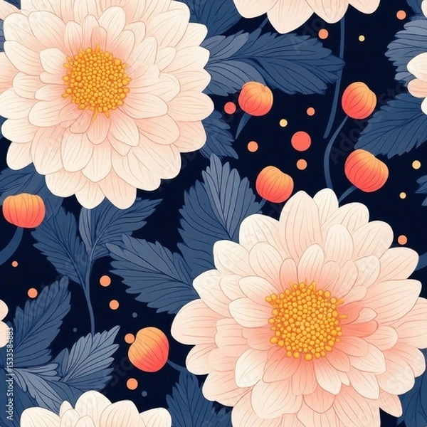 Fototapeta A seamless pattern with magical dahlias, mesmerizing and vibrant. Art Deco meets modern luxury in this minimalist design, soft colors 