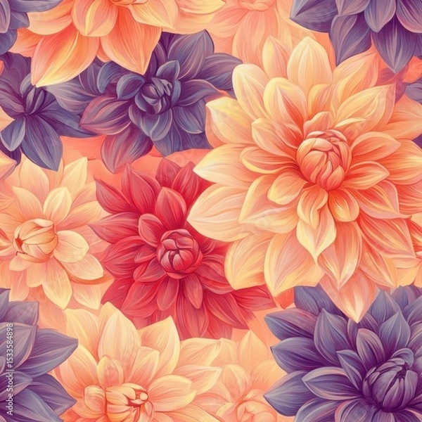 Fototapeta A seamless pattern with magical dahlias, mesmerizing and vibrant. Art Deco meets modern luxury in this minimalist design, soft colors 