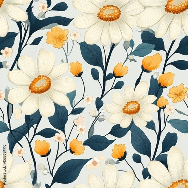 Fototapeta A seamless pattern with magical daisies, mesmerizing and vibrant. Art Deco meets modern luxury in this minimalist design, soft colors 