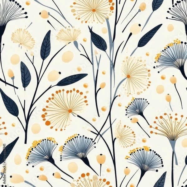 Fototapeta A seamless pattern with magical dandelions, mesmerizing and vibrant. Art Deco meets modern luxury in this minimalist design, soft colors 