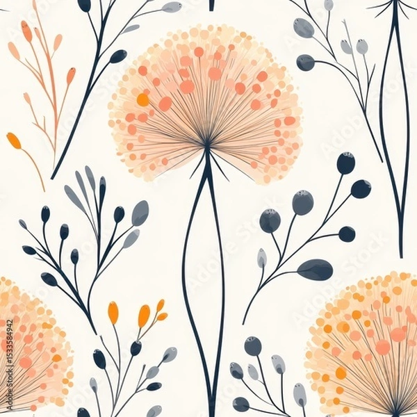 Fototapeta A seamless pattern with magical dandelions, mesmerizing and vibrant. Art Deco meets modern luxury in this minimalist design, soft colors