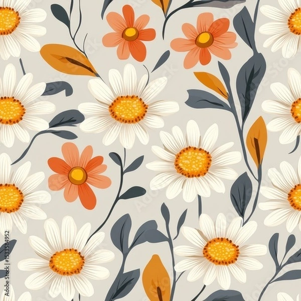 Fototapeta A seamless pattern with magical daisies, mesmerizing and vibrant. Art Deco meets modern luxury in this minimalist design, soft colors 