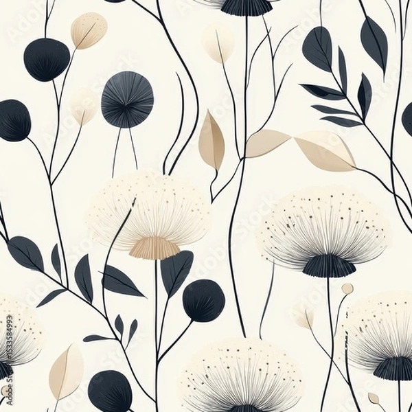 Fototapeta A seamless pattern with magical dandelions, mesmerizing and vibrant. Art Deco meets modern luxury in this minimalist design, soft colors 