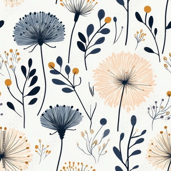 Fototapeta A seamless pattern with magical dandelions, mesmerizing and vibrant. Art Deco meets modern luxury in this minimalist design, soft colors 