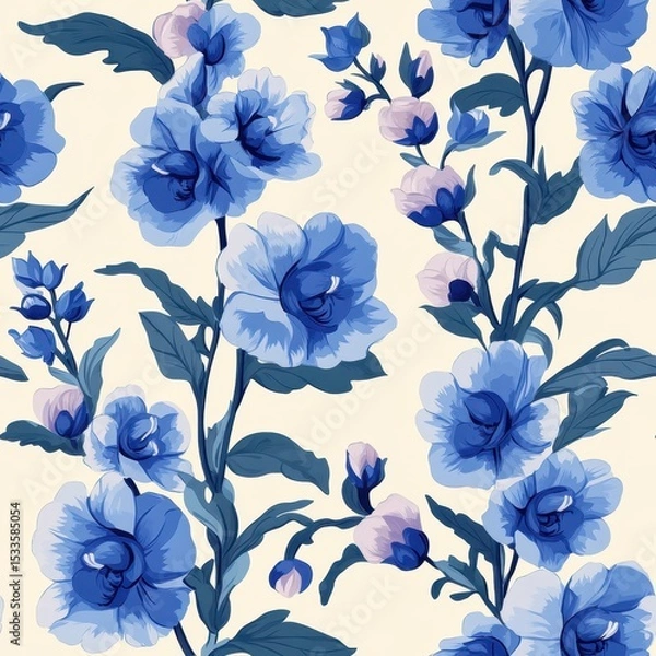 Fototapeta A seamless pattern with magical delphiniums, mesmerizing and vibrant. Art Deco meets modern luxury in this minimalist design, soft colors