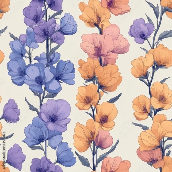 Fototapeta A seamless pattern with magical delphiniums, mesmerizing and vibrant. Art Deco meets modern luxury in this minimalist design, soft colors 