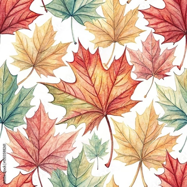 Fototapeta Beautiful watercolor autumn leaves pattern with maple leaves in red, orange, yellow colors. Perfect for fall seasonal design and decoration