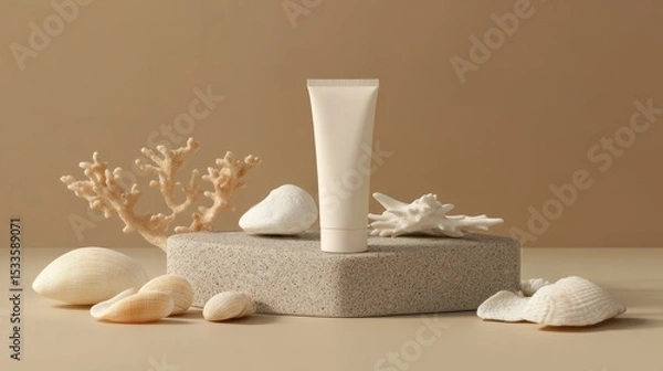 Fototapeta Beige aesthetic cream tube on a hexagonal display