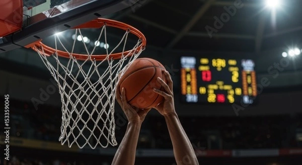 Fototapeta A close-up shot captures a basketball going through the net, with a player's hand touching the ball, symbolizing a successful score.