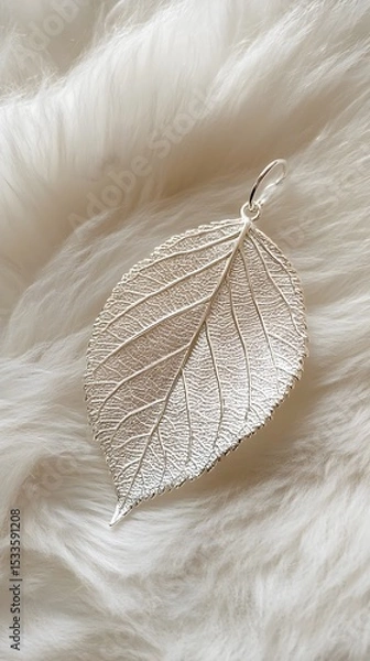 Obraz Delicate Silver Leaf Pendant on Soft White Fur with Natural Light for Luxury Jewelry Display