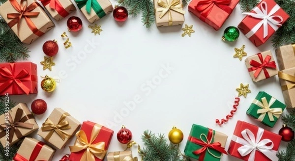 Fototapeta Overhead view of many wrapped Christmas gifts with red, green, and gold ribbons arranged in a circle, creating a festive frame on a white background with copy space.