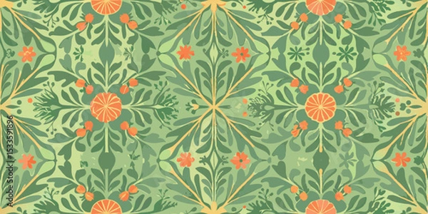 Obraz Repeating pattern of orange fruit and green leaves with a light green background in a symmetrical design