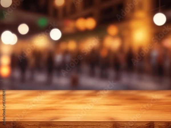 Fototapeta Empty wooden table with blurred restaurant background and warm bokeh lights. Perfect for food photography, product display, dining content