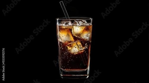 Fototapeta A refreshing glass of cola with ice and straw on black