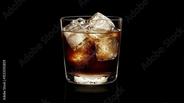 Fototapeta A glass with ice cubes and dark brown liquid refreshment