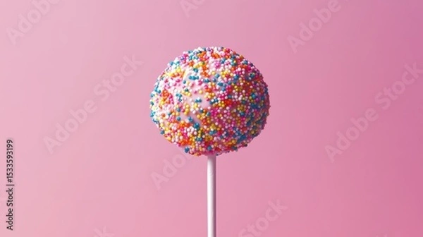 Fototapeta A colorful cake pop covered in sprinkles against pink background