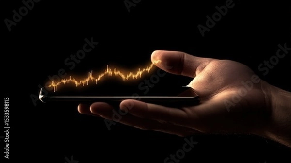 Fototapeta A hand is holding a glowing stock market indicator on a phone