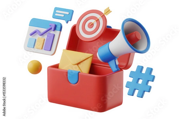Fototapeta Digital Marketing Toolbox 3D Render with Growth Chart Email and Hashtag