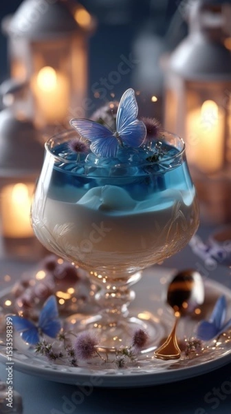 Fototapeta dreamy garnish Panna Cotta with blueberry jelly serve in glass with sugar butterfly