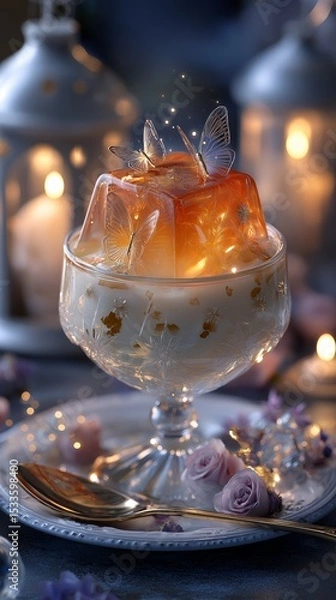 Fototapeta dreamy garnish Panna Cotta with orange jelly serve in glass with sugar butterfly