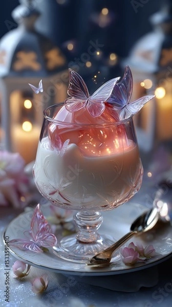 Fototapeta dreamy garnish Panna Cotta with peach jelly serve in glass with sugar butterfly