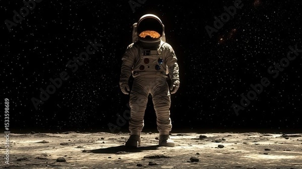 Fototapeta An astronaut stands alone on the surface of the moon