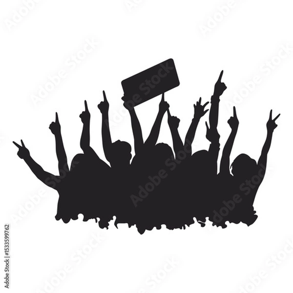 Obraz Protest or concert crowd silhouette with raised hands and a blank sign.