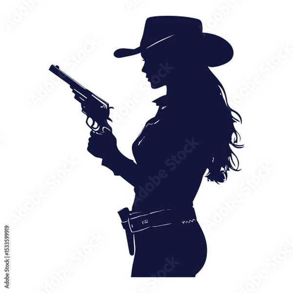 Obraz Side profile silhouette of a cowgirl holding a revolver gun.